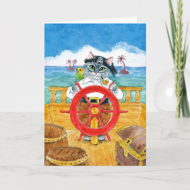 Cute cat pirate budgie caribbean card (Front)
