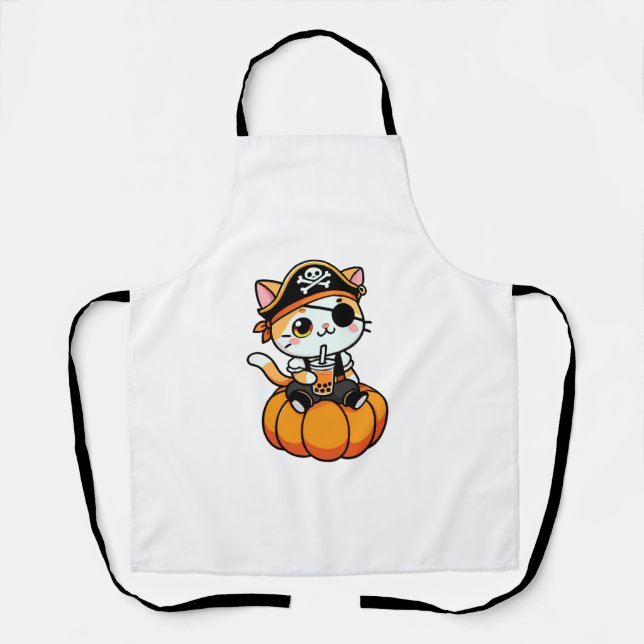 Cute Cat Pirate Drinking Boba Tea Halloween Pumpki Apron (Front)