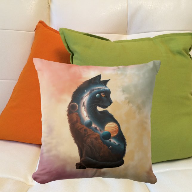 Cute Cat Planets & Stars, Fun Animal, Watercolor  Cushion (Creator Uploaded)