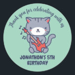 Cute Cat Play Guitar Kids Birthday Party Classic Round Sticker<br><div class="desc">Cute party favours for kids,  boys or girls who love animals. Perfect for kids birthday party,  party favours and thank you label. You can also customise the text for baby shower or other occasion and party.</div>