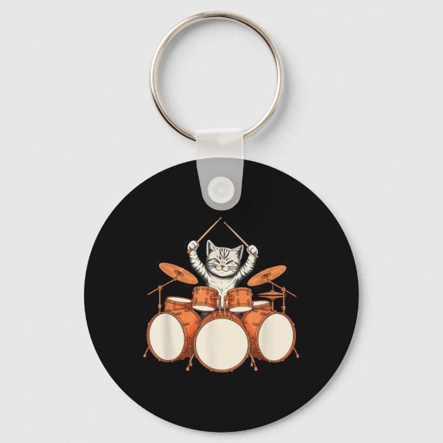 Cute Cat Playing Drums Funny Drummer Kit Cartoon Key Ring (Front)