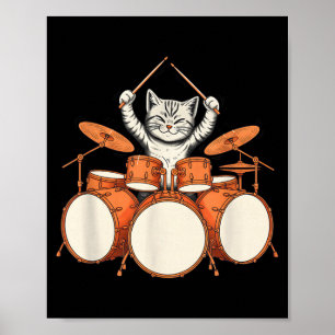 Cute Cat Playing Drums Funny Drummer Kit Cartoon Poster