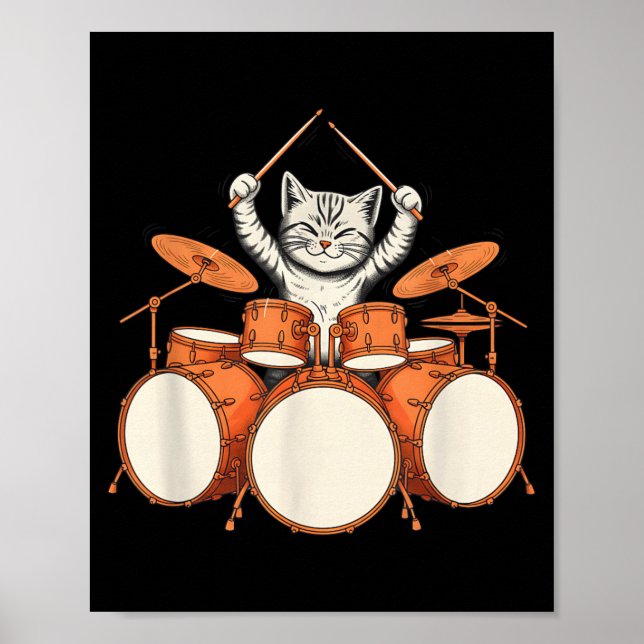 Cute Cat Playing Drums Funny Drummer Kit Cartoon Poster (Front)