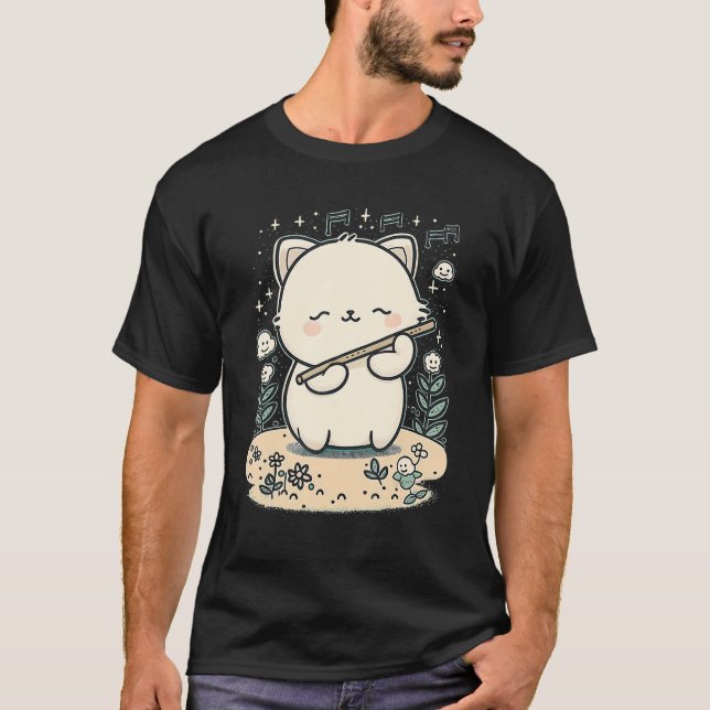 Cute Cat Playing Flute Funny Cat T-Shirt (Front)