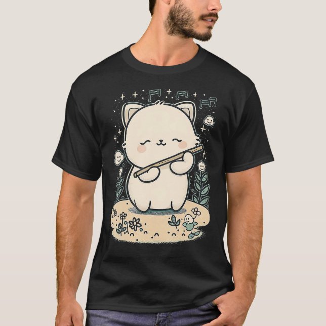 Cute Cat Playing Flute  Funny Cat T-Shirt (Front)