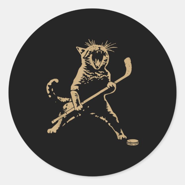 Cute Cat Playing Ice Hockey Lover Player Funny  Classic Round Sticker (Front)