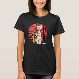 Cute Cat Playing Jazz Saxophone with Fun Retro Bam T-Shirt