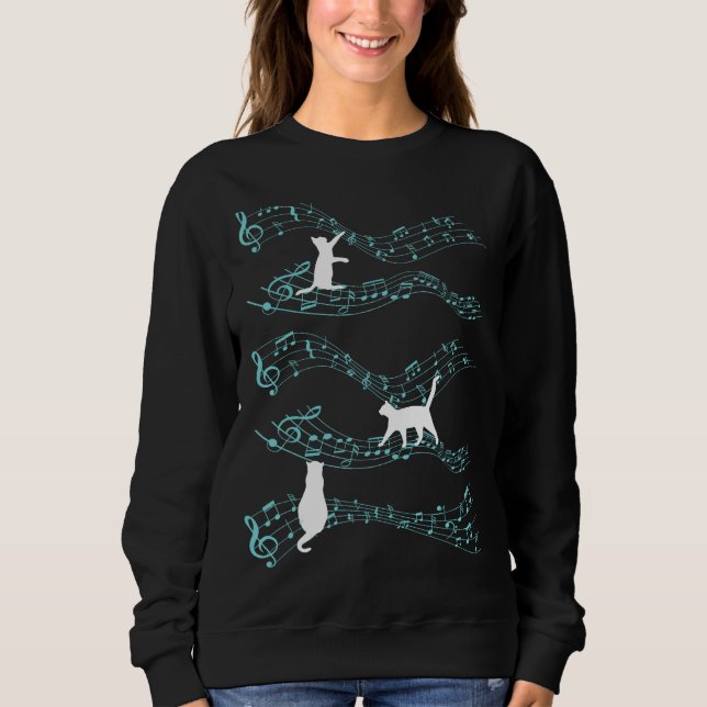 Cute Cat Playing On Musical Notes Sheets Music Sweatshirt (Front)