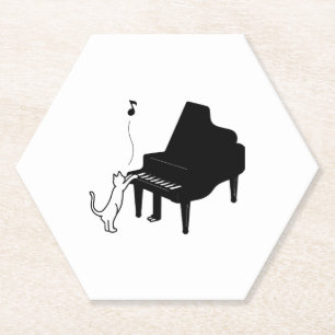 Cute Cat Playing Piano Funny Musician Art Paper Coaster