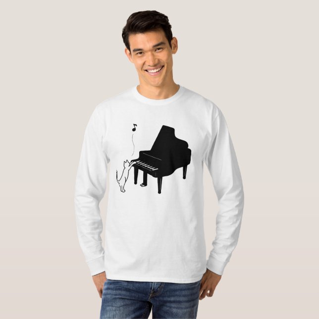 Cute Cat Playing Piano T-Shirt Funny Musician Art (Front Full)