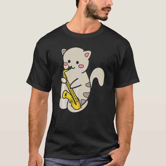 Cute Cat Playing Saxophone  1 T-Shirt (Front)