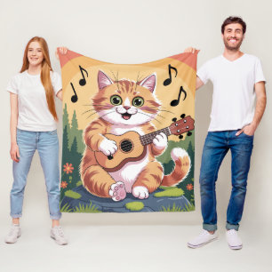 Cute Cat Playing Ukuele Fleece Blanket