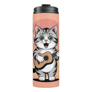 Cute Cat Playing Ukulele Travel Thermal Tumbler