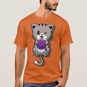 Cute Cat Playing Yarn Ball Cartoon T-Shirt