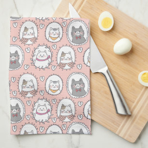 Cute Cat Portrait Pattern Tea Towel
