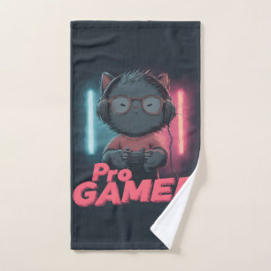 Cute Cat "Pro Gamer" with Headphones Hand Towel