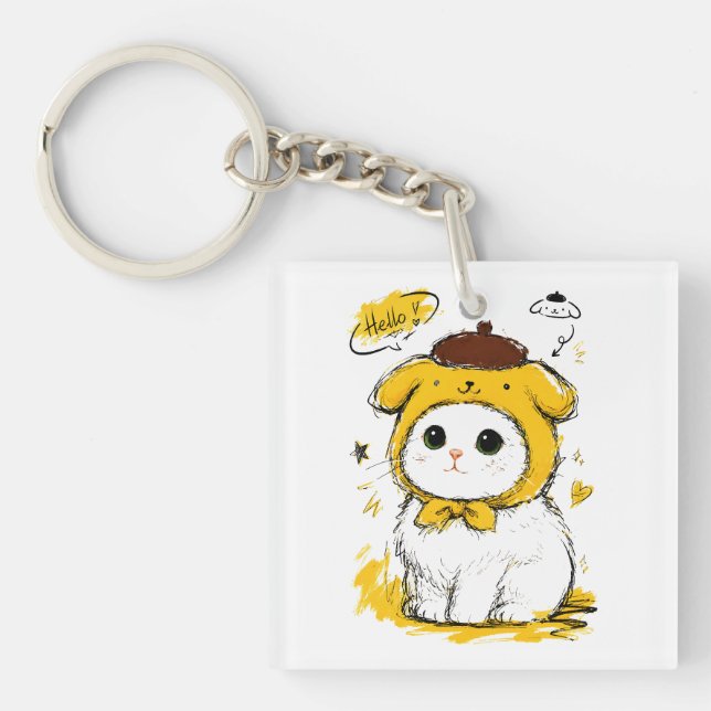 Cute Cat Pudding Hat Hello Adorable Art Key Ring (Front)
