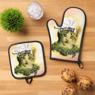 Cute Cat Purr-fect Chef Oven Mitt & Pot Holder Set