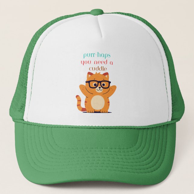 Cute Cat "Purr-haps You Need a Cuddle" Trucker Hat (Front)