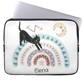 Cute Cat Rainbow Unicorn Custom Name Laptop Sleeve