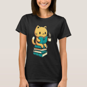 Cute Cat Reading A Book And Drink Coffee Graphic T-Shirt