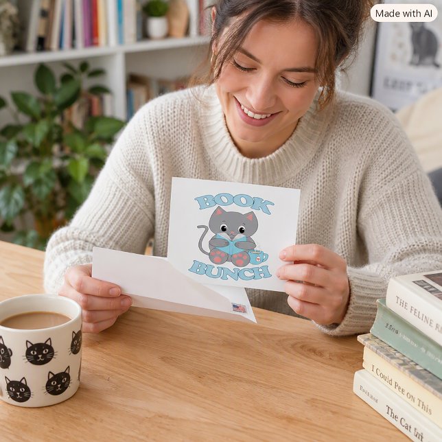 Cute Cat Reading a Book for Cat Lovers Postcard (A postcard with a cute gray cat reading a book and enjoying tea with the words book bunch.)