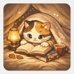 Cute Cat Reading Book   Cosy Book Lover Cat Square Sticker