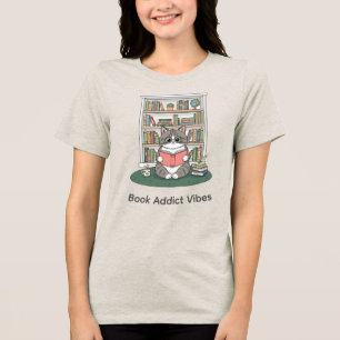 Cute Cat Reading Book Cozy Tea Time Graphic Tri-Blend Shirt