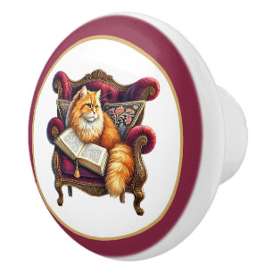 Cute cat reading book nook library reading lovers ceramic knob