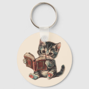 Cute cat reading book retro children illustration key ring