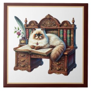 Cute cat reading nook library book lovers tile