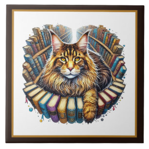 Cute cat reading nook library book lovers tile