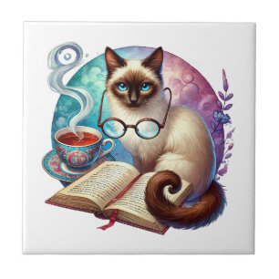 Cute cat reading nook library book lovers tile