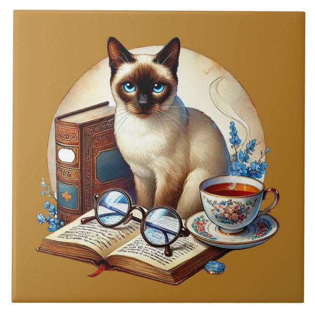 Cute cat reading nook library book lovers  tile (Front)