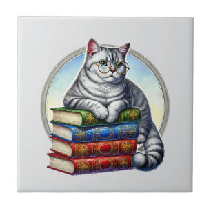 Cute cat reading nook library book lovers tile