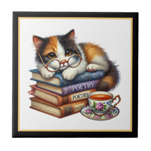 Cute cat reading nook library book lovers tile