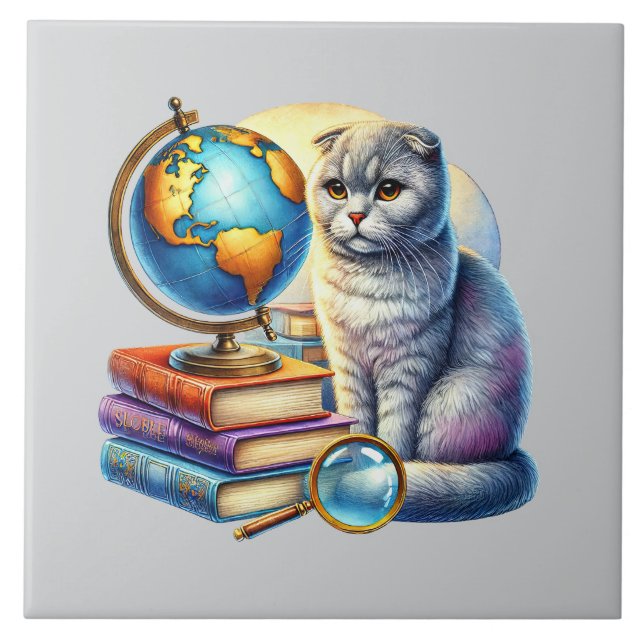 Cute cat reading nook library book lovers  tile (Front)