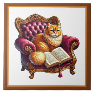 Cute cat reading nook library book lovers tile