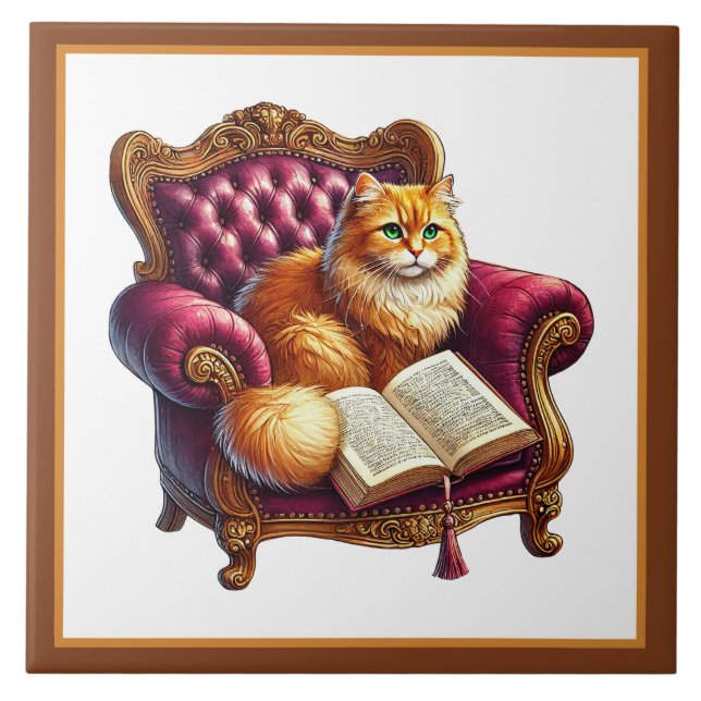 Cute cat reading nook library book lovers  tile (Front)