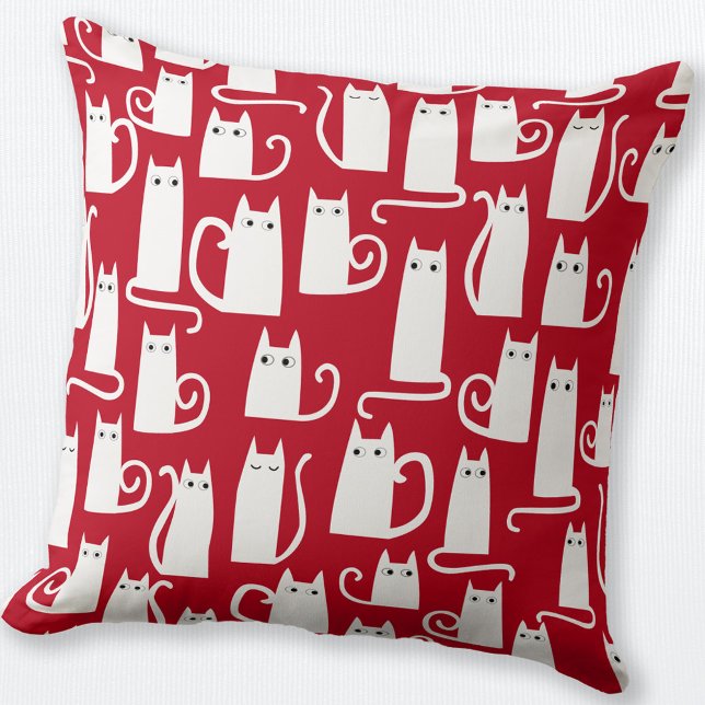 Cute Cat Red and White Cushion (Fun festive red and white cat throw pillow)