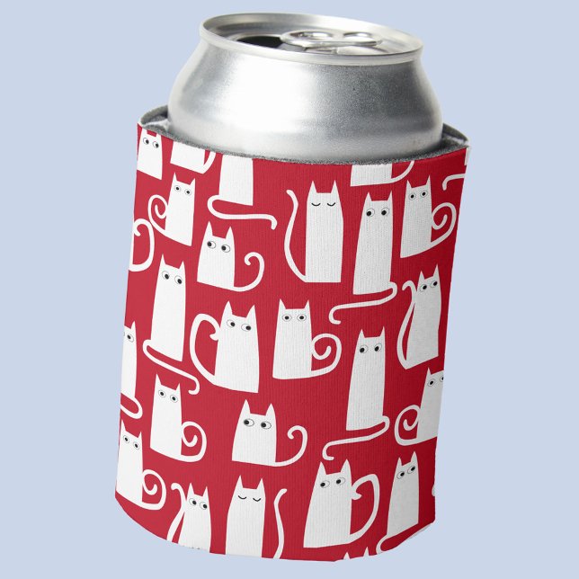 Cute Cat Red and White Festive Can Cooler (Red and white fun kitty cat pattern festive can cooler)