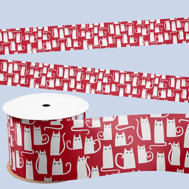 Cute Cat Red and White Festive Satin Ribbon (Red and white fun festive cat ribbon)