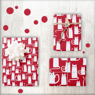 Cute Cat Red and White Festive Wrapping Paper Sheet