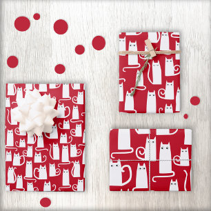 Cute Cat Red and White Festive Wrapping Paper Sheet