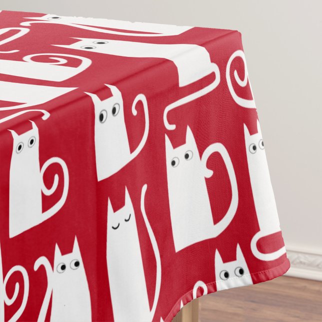 Cute Cat Red and White Tablecloth (Fun red and white kitty cat pattern festive tablecloth)