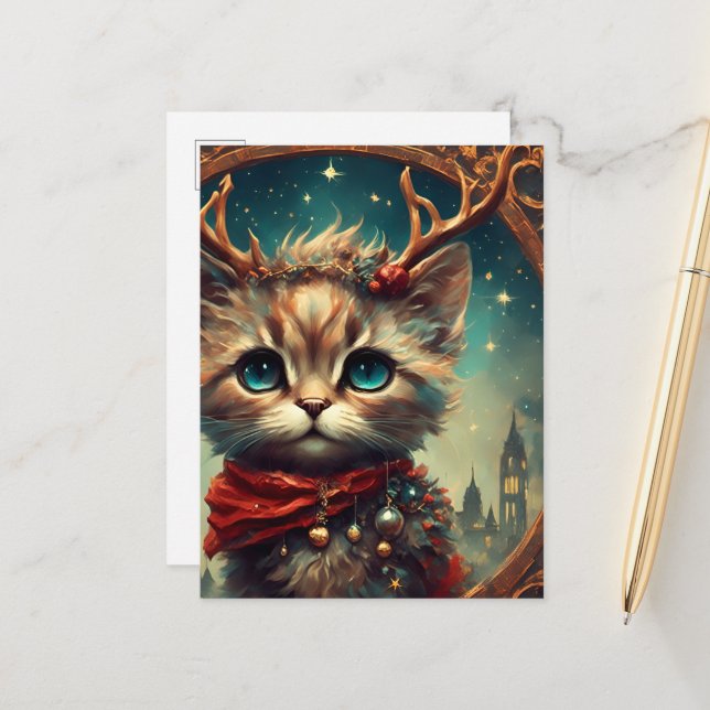 Cute Cat Reindeer Postcard (Front/Back In Situ)