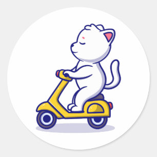 cute cat rid scooter cartoon icon illustration classic round sticker
