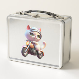 CUTE CAT riding a motocycle Classic T-Shirt (7) Metal Lunch Box