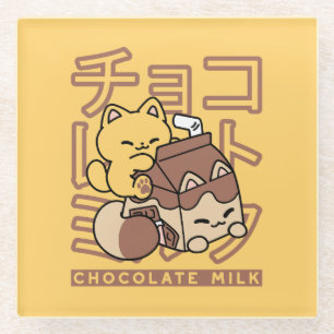 Cute Cat Riding Chocolate Milk Carton Kawaii Art Glass Coaster