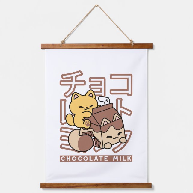 Cute Cat Riding Chocolate Milk Carton Kawaii Art Hanging Tapestry (Front)